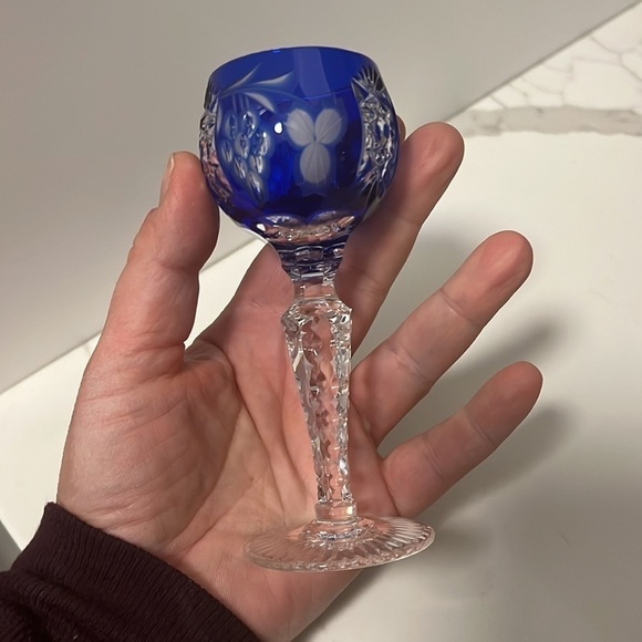 Schliff Schleuder Nachtmann Cobalt Blue Cut Crystal Tall Stem Sherry Cordial 5” - Picture 4 of 4